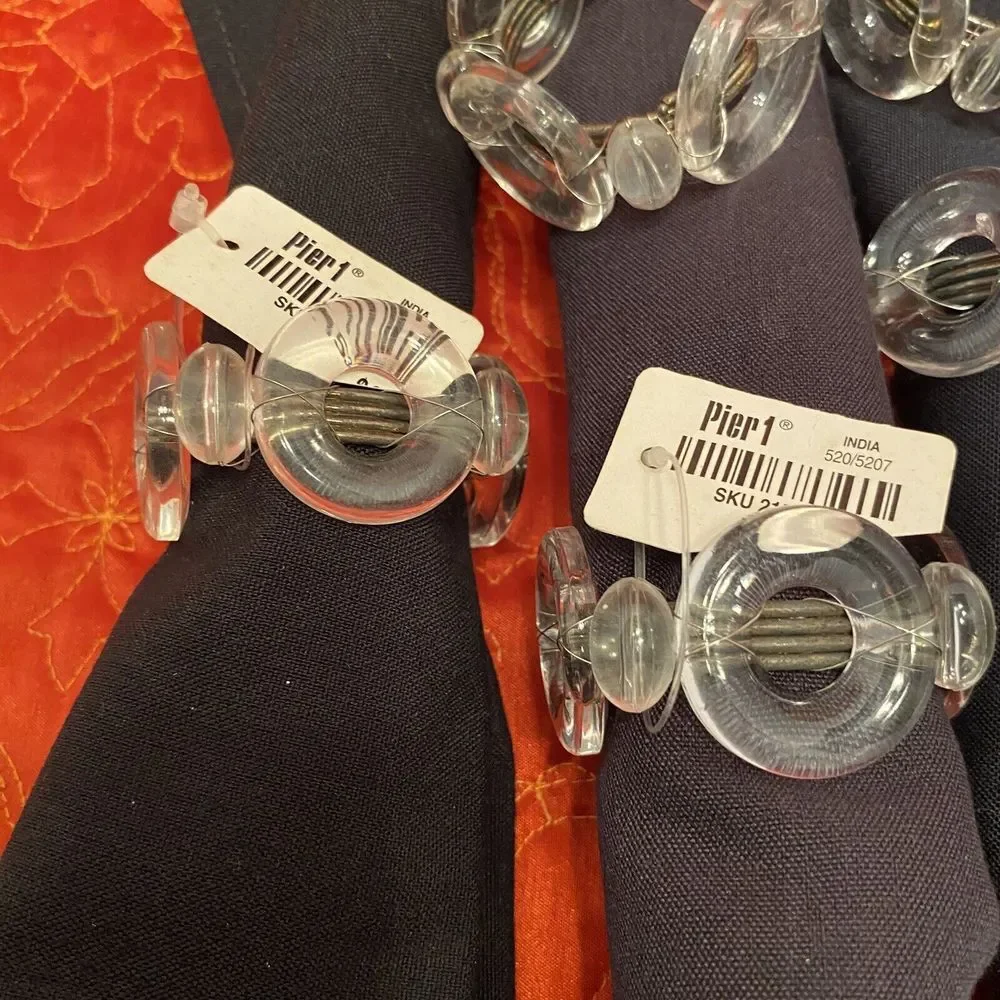 VINTAGE PIER 1 Napkin Rings Clear Acrylic Circles And Bronze Metal Wire Set Of 6
